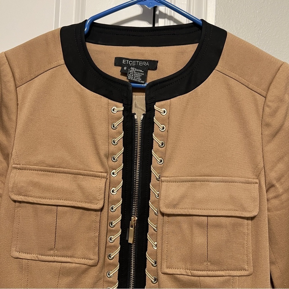 Etcetera Suit Jacket Size 8 Beige Black Dress Casual Cotton Zipper Front EUC